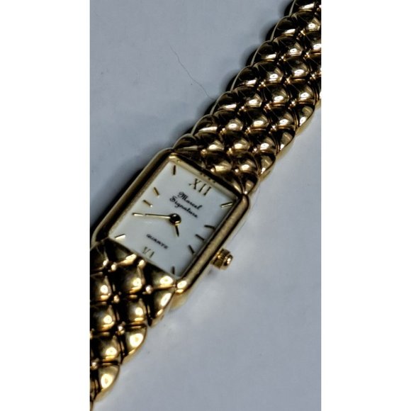 Marcel Drucker Signature Watch Women Gold Tone Rectangle - Picture 2 of 14